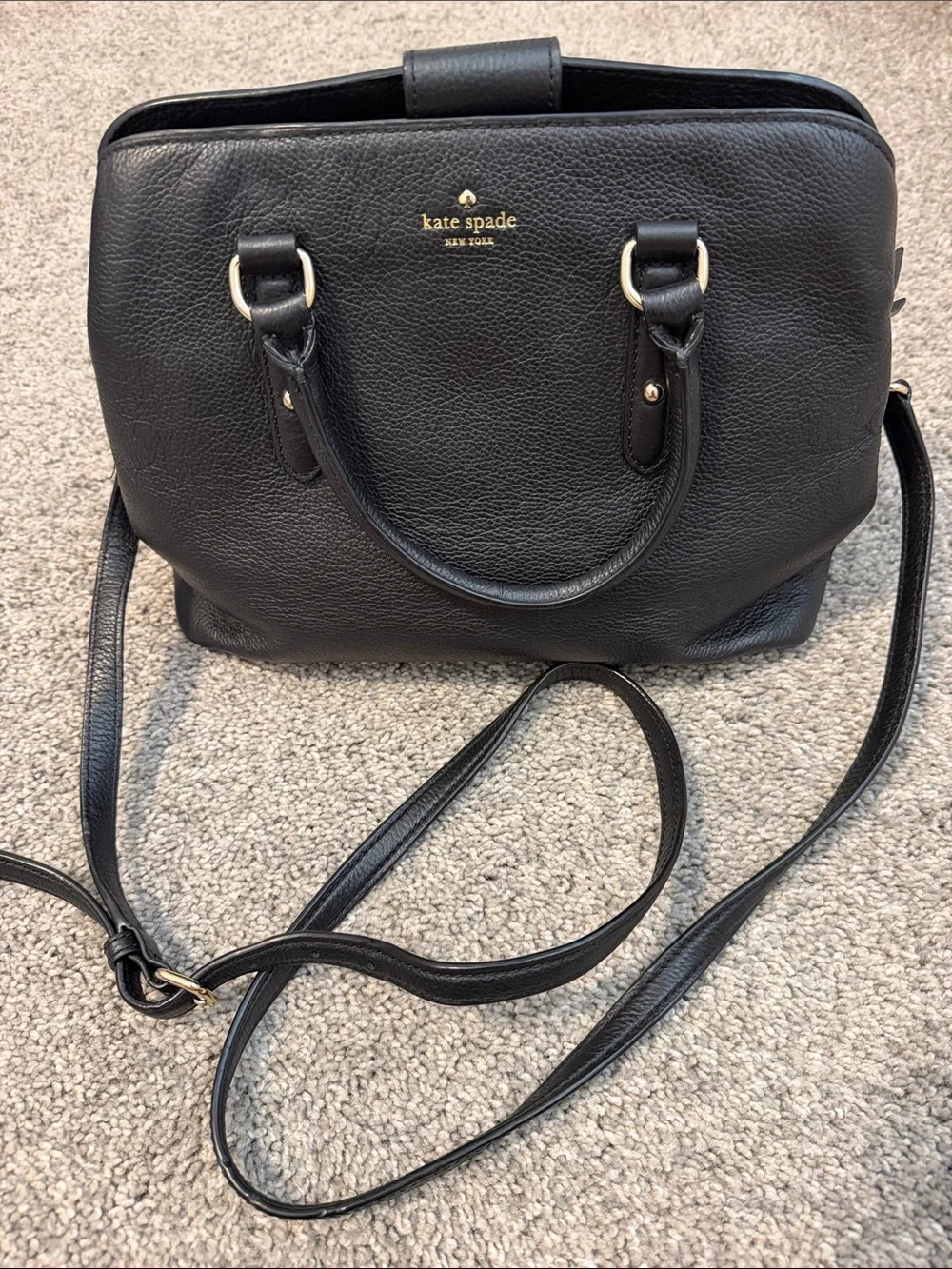 Kate Spade Black Pebbled Leather- handbag w/ three separate compartments,